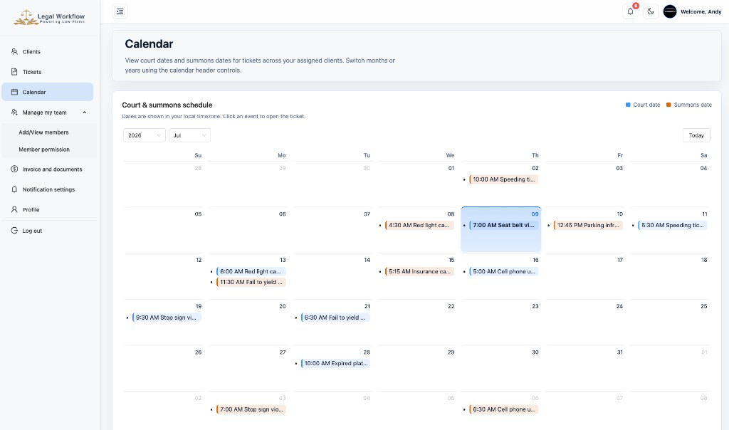 Court and summons calendar with color-coded hearing dates