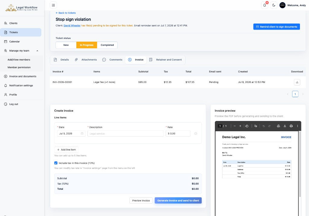 Invoice creation screen with live PDF preview for clients