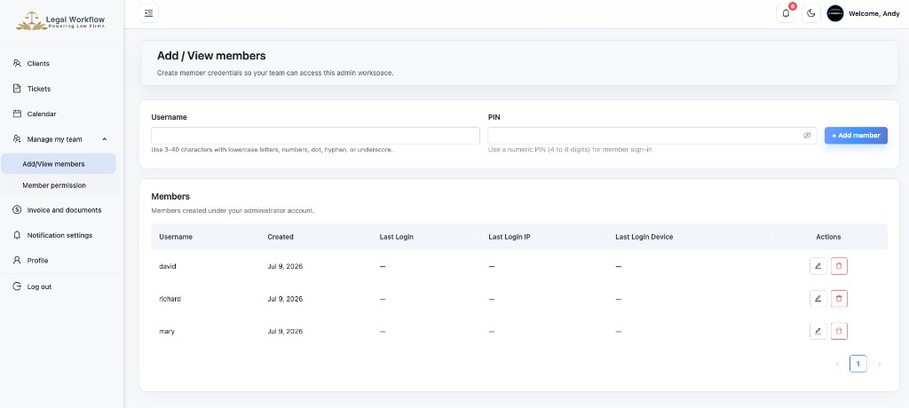 Team member management screen for adding and viewing firm staff