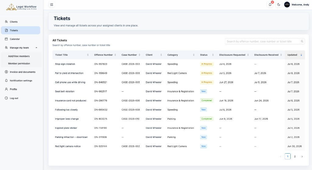 Tickets dashboard showing all client matters in one searchable table